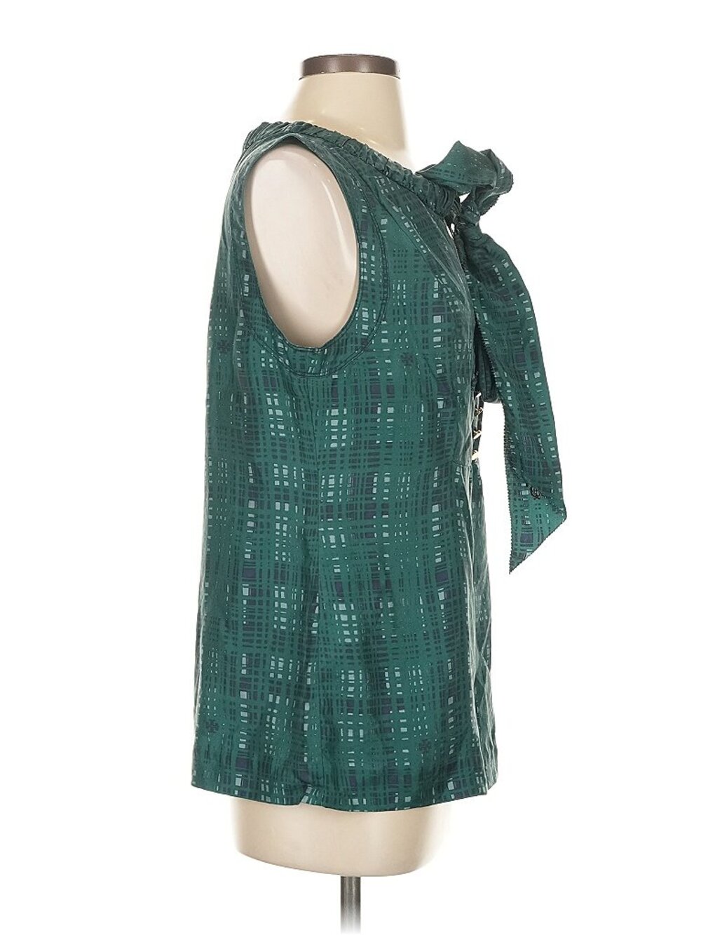 TORY BURCH 100% silk blouse top green teal sleeveless tie neck SIZE 8 - Picture 7 of 12